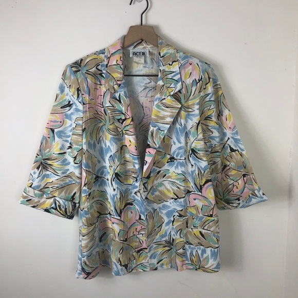 Vintage Jackets & Blazers - VINTAGE Pastel Palm Leaf Blazer